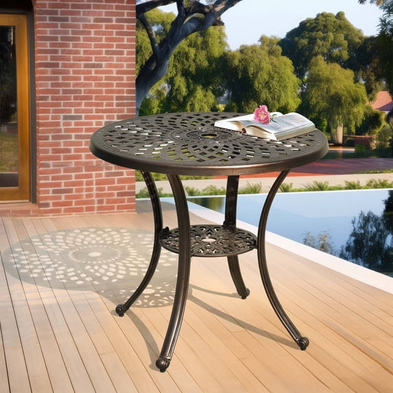 Uforic 30 Inch Round Outdoor Patio Dining Table, Cast Aluminum Bistro Table with Umbrella Hole, Weather Resistant Side Table for Garden Backyard Porch, Hammered Bronze Finish