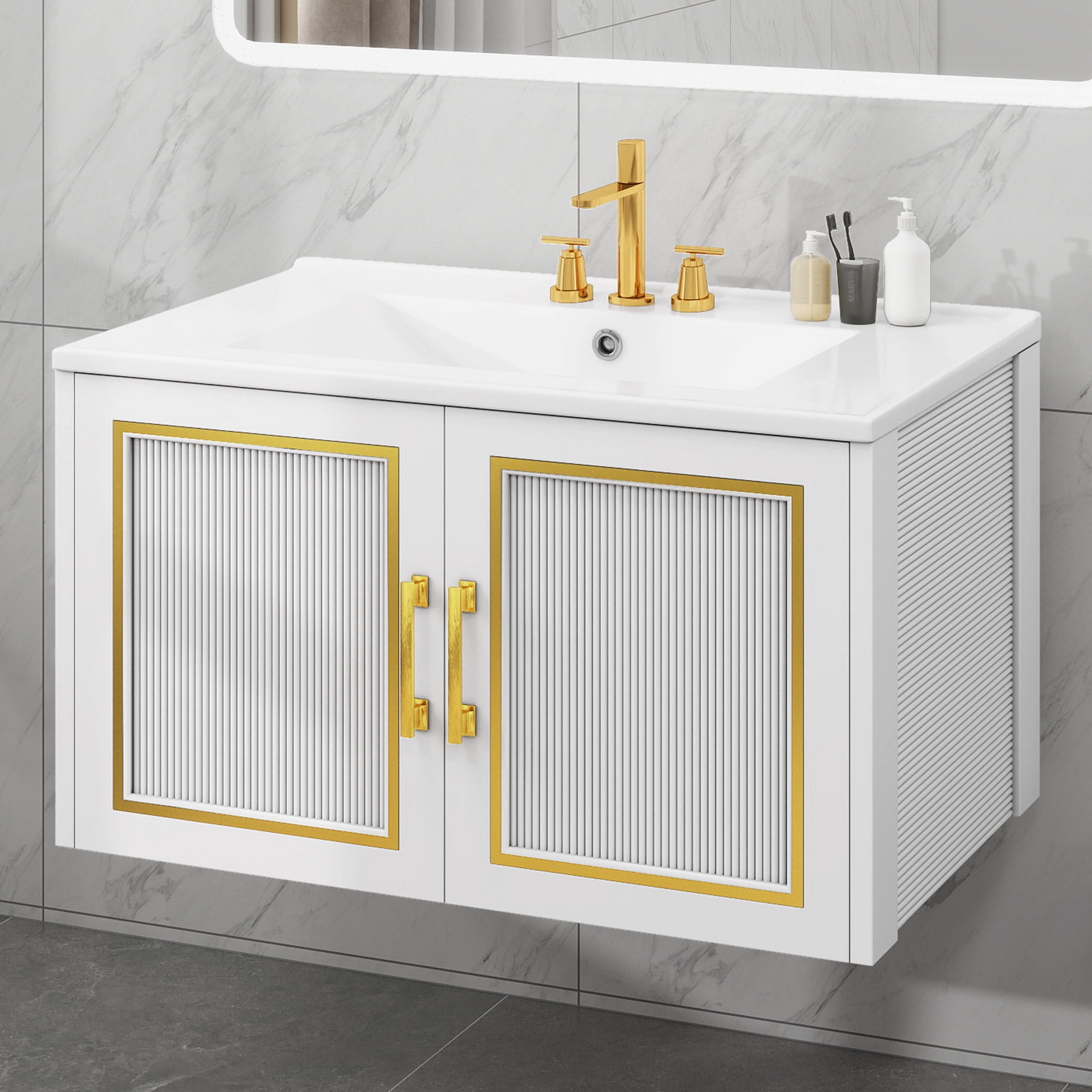 Uforic 30" Inch Wall Mounted Bathroom Vanity with Sink, Modern Floating Bathroom Sink Storge Cabinet, White & Gray