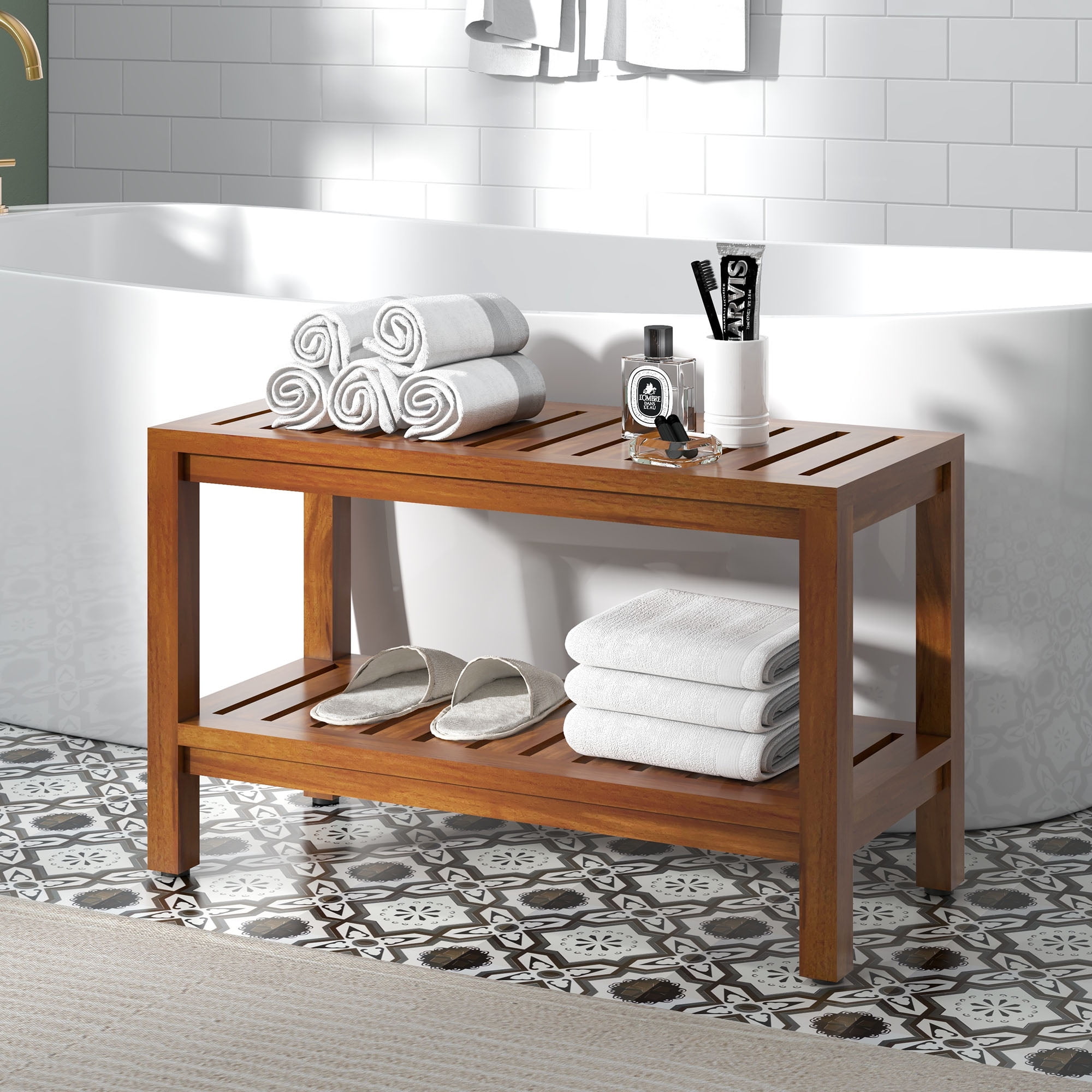 Uforic 30 Shower Seating Bench with Storage Shelf Teak Wood Shower Stool with Non Slip Pads Brown Walmart