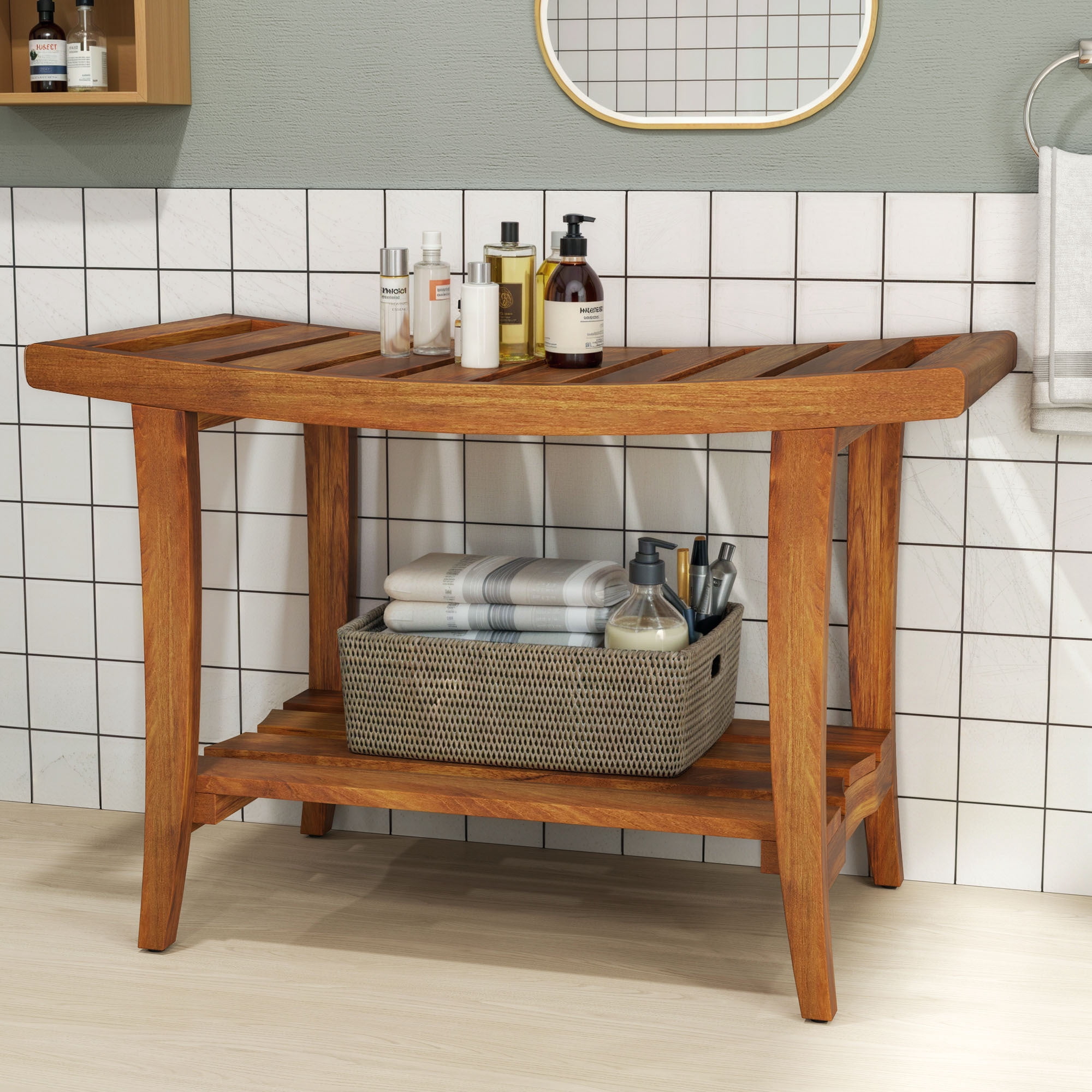 Uforic 30" Teak Wood Bath Bench for Indoor & Outdoor, Waterproof Shower Stool, Brown