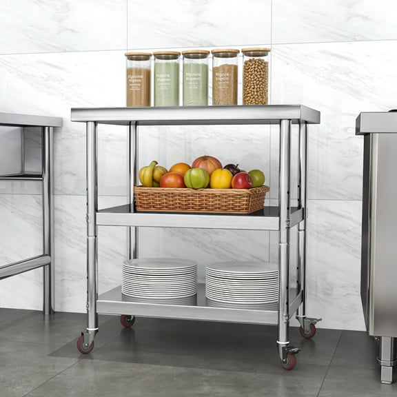 Uforic 30" X 24" Stainless Steel Work Table with Wheels, 3 Shelves Metal Table Prep Table for Home Kitchen Restaurant Garage Warehouse Outdoor