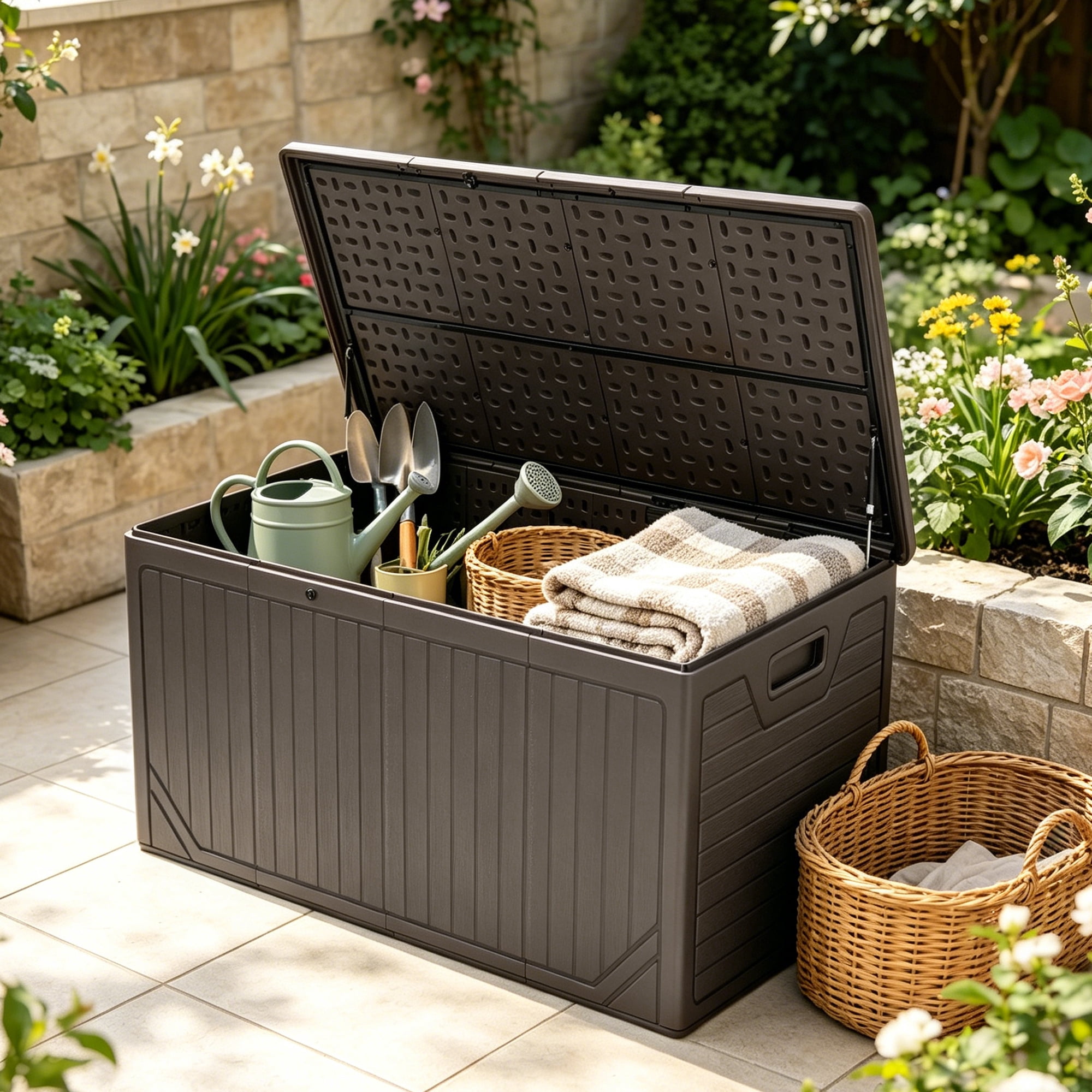 Uforic 300 Gallon Extra Large Outdoor Deck Box, Double-Wall Waterproof Lockable Resin Storage Box, Multipurpose Patio Storage Bin for Garden Tools Pool Supplies, Brown