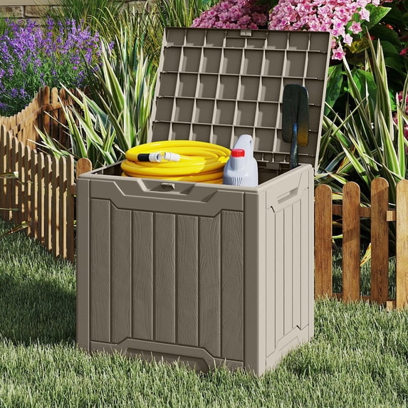 Uforic 31.2 Gallon Weatherproof Resin Outdoor Deck Box Lockable Storage with Side Handles for Patio Garden Poolside, Light Brown