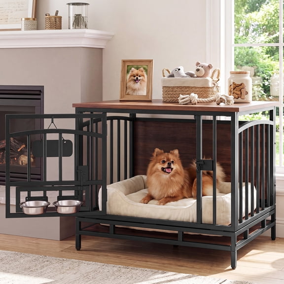 Uforic 31.5 Inch Foldable Heavy-Duty Steel Dog Kennel with 360° Swivel Stainless Steel Feeding Bowls, Anti-Escape Dual-Latch Lock, Adjustable Floor Feet for Small Medium Dogs, Brown