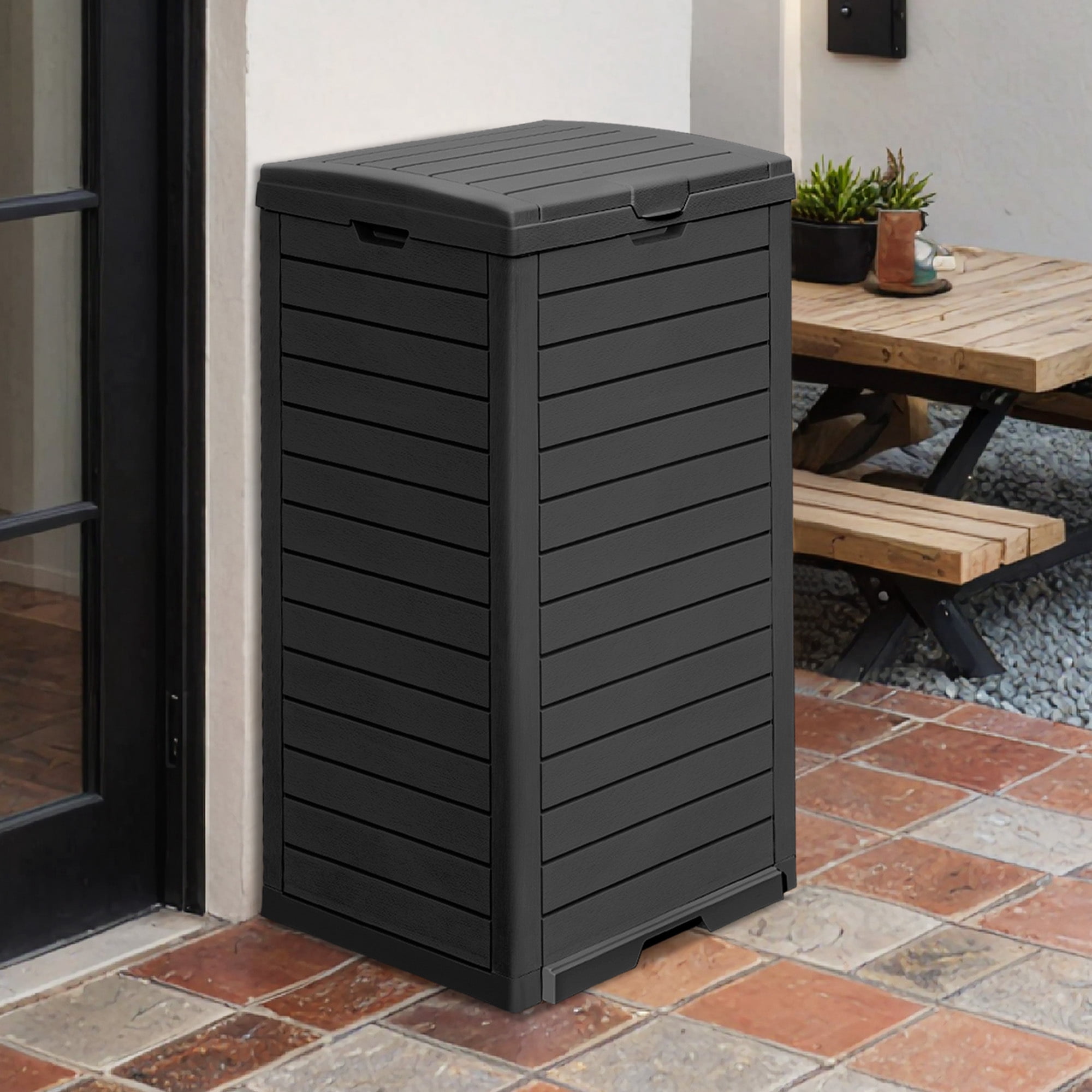 Uforic 31 Gallon Large Outdoor Trash Bin, Waterproof Resin Garbage Can with Lid & Drip Tray, Black Waste Container for Porch & Backyard