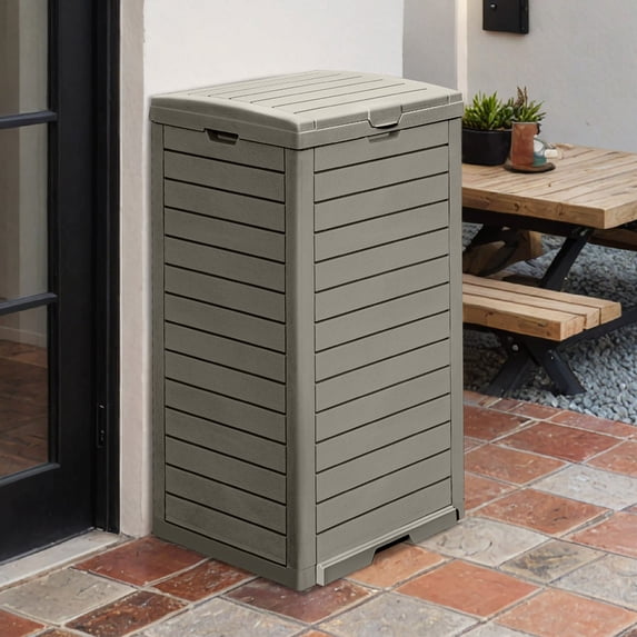Uforic 31 Gallon Large Outdoor Trash Bin, Waterproof Resin Garbage Can with Lid & Drip Tray, Light Brown Waste Container for Porch & Backyard