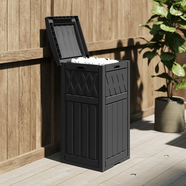 Uforic 31 Gallon Outdoor Trash Can, Waterproof Resin Garbage Bin with Drip Tray & Lid, Trash Bin, for Porch, Backyard, Black