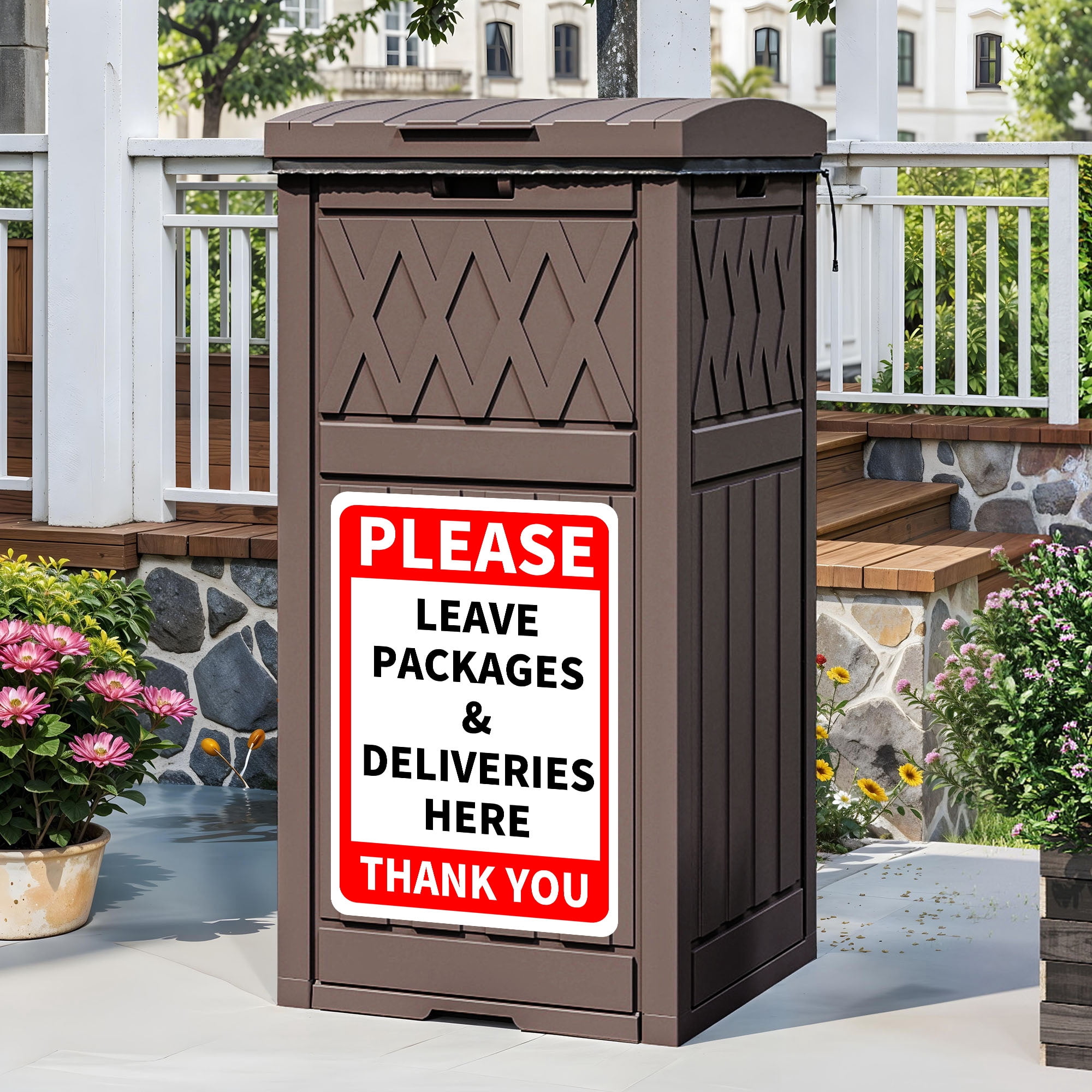 Uforic 31 Gallon Package Delivery Box with Lift-Out Bag, Waterproof Parcel Drop Box with Sign, Resin Outdoor Porch Package Container for Curbside, Patio and Yard Use, Dark Brown