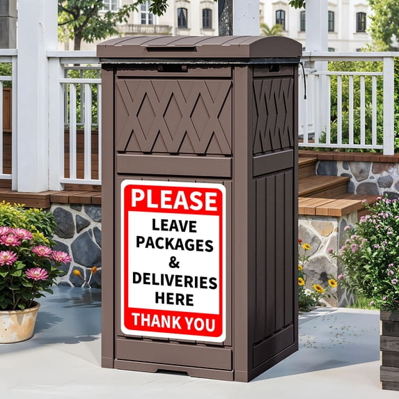 Uforic 31 Gallon Package Delivery Box with Lift-Out Bag, Waterproof Parcel Drop Box with Sign, Resin Outdoor Porch Package Container for Curbside, Patio and Yard Use, Dark Brown