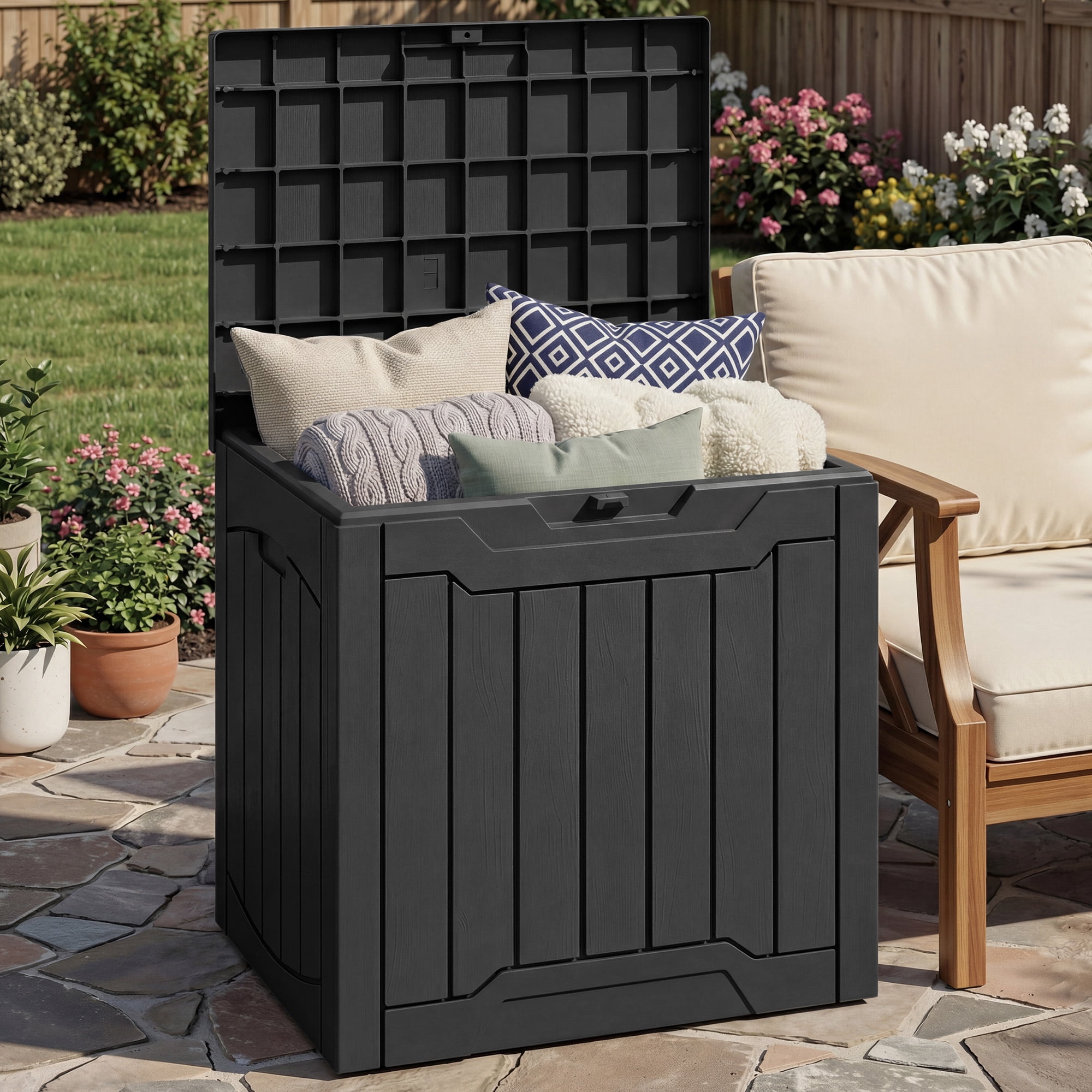 Uforic 31 Gallon Resin Outdoor Deck Box, Waterproof Lockable Storage Box, Multi-Purpose Organizer for Patio Garden Tools Pool Supplies & Package Delivery, Black