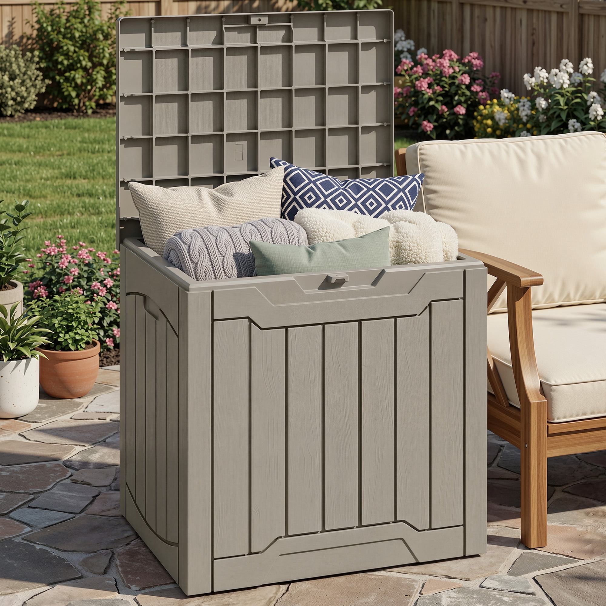 Uforic 31 Gallon Resin Outdoor Deck Box, Waterproof Lockable Storage Box, Multi-Purpose Organizer for Patio Garden Tools Pool Supplies & Package Delivery, Light Brown