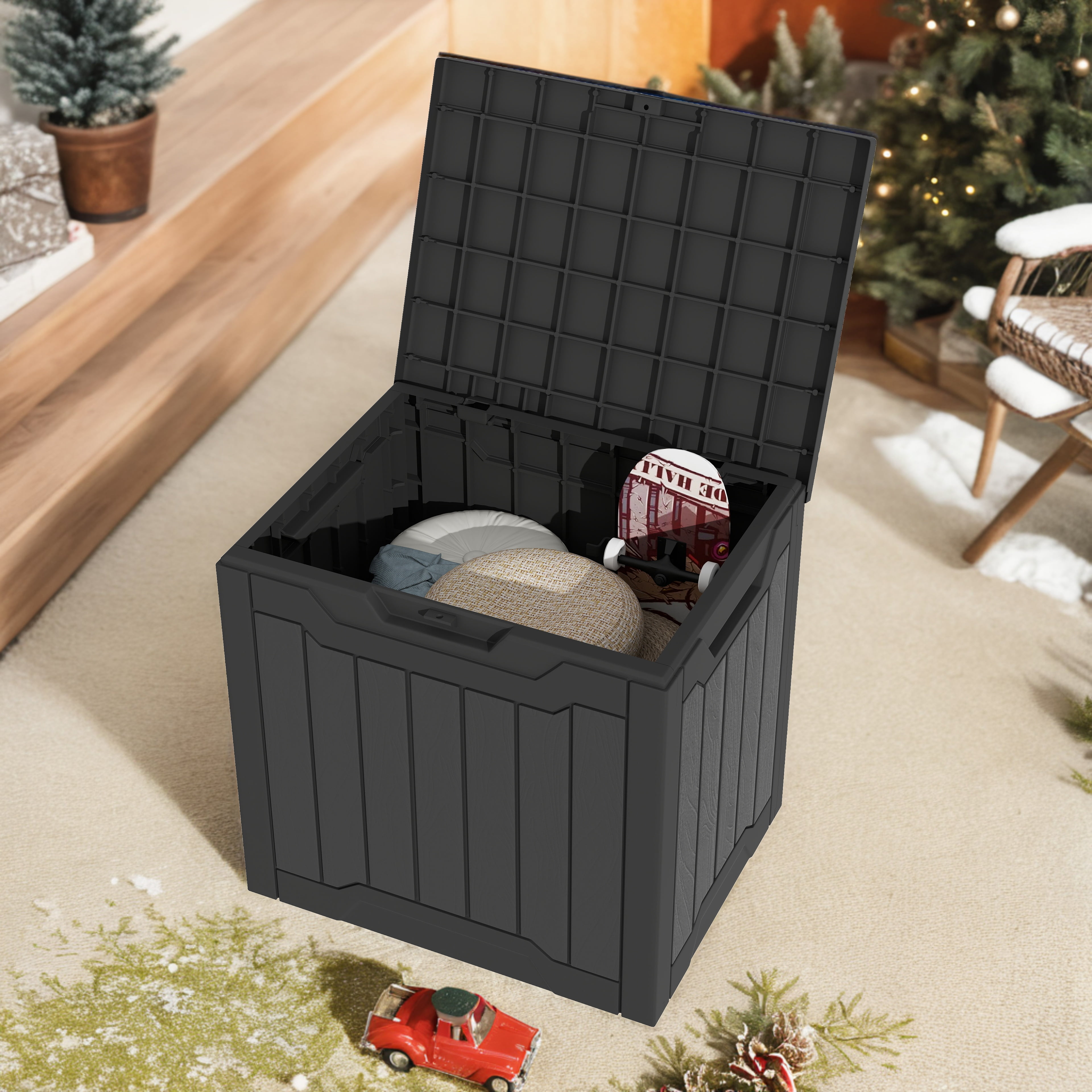 Uforic 31 Gallon Resin Outdoor Deck Box, Weatherproof, Lockable Lid, Side Handles, Black