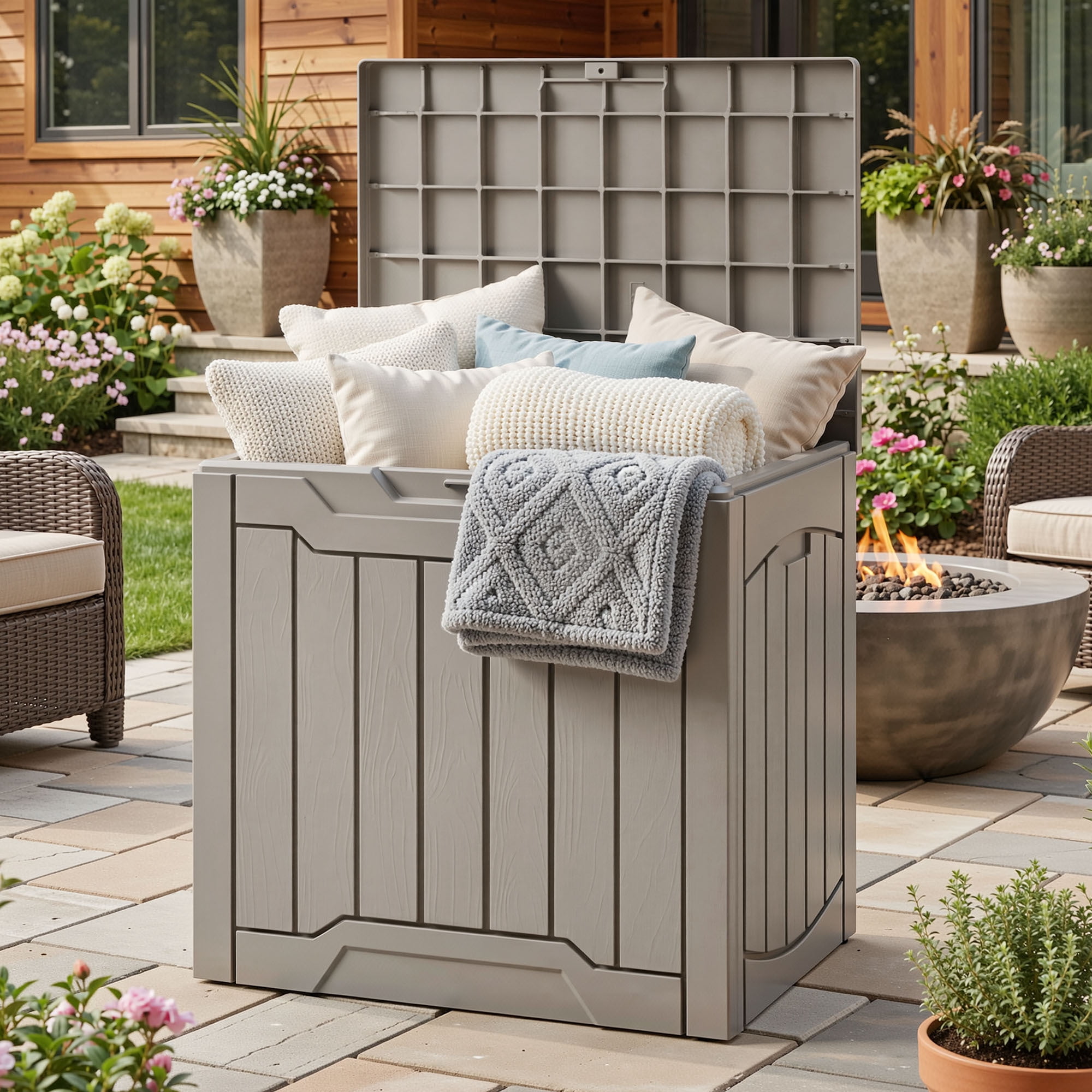 Uforic 31 Gallon Waterproof Resin Outdoor Storage Box, Lockable Deck Box & Package Delivery Box for Patio, Garden Tools & Pool Supplies, Light Brown