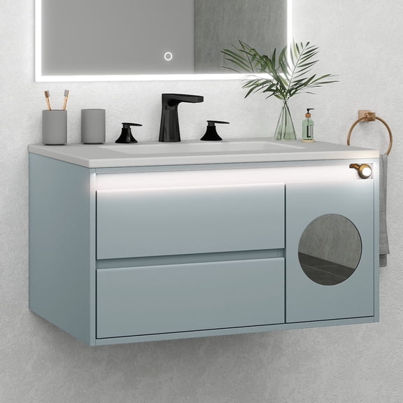 Uforic 31" LED Floating Vanity with Sink, Grey Bathroom Vanity with Sensor Light & Mirror, Wall Mounted Bathroom Storage Cabinet with 2 Large Drawers & Door