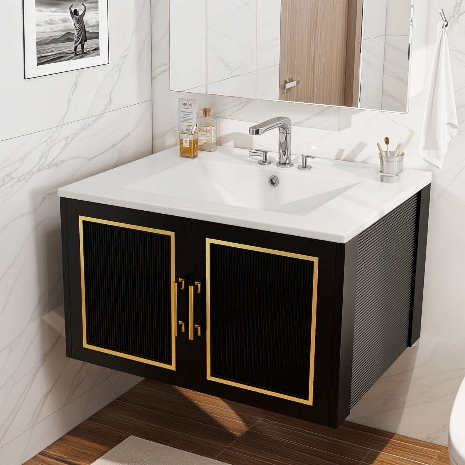 Uforic 32" Bathroom Vanity Floating Wall Mounted Single With Door, Ceramic Vanity Tabletop, Bathroom Cabinet