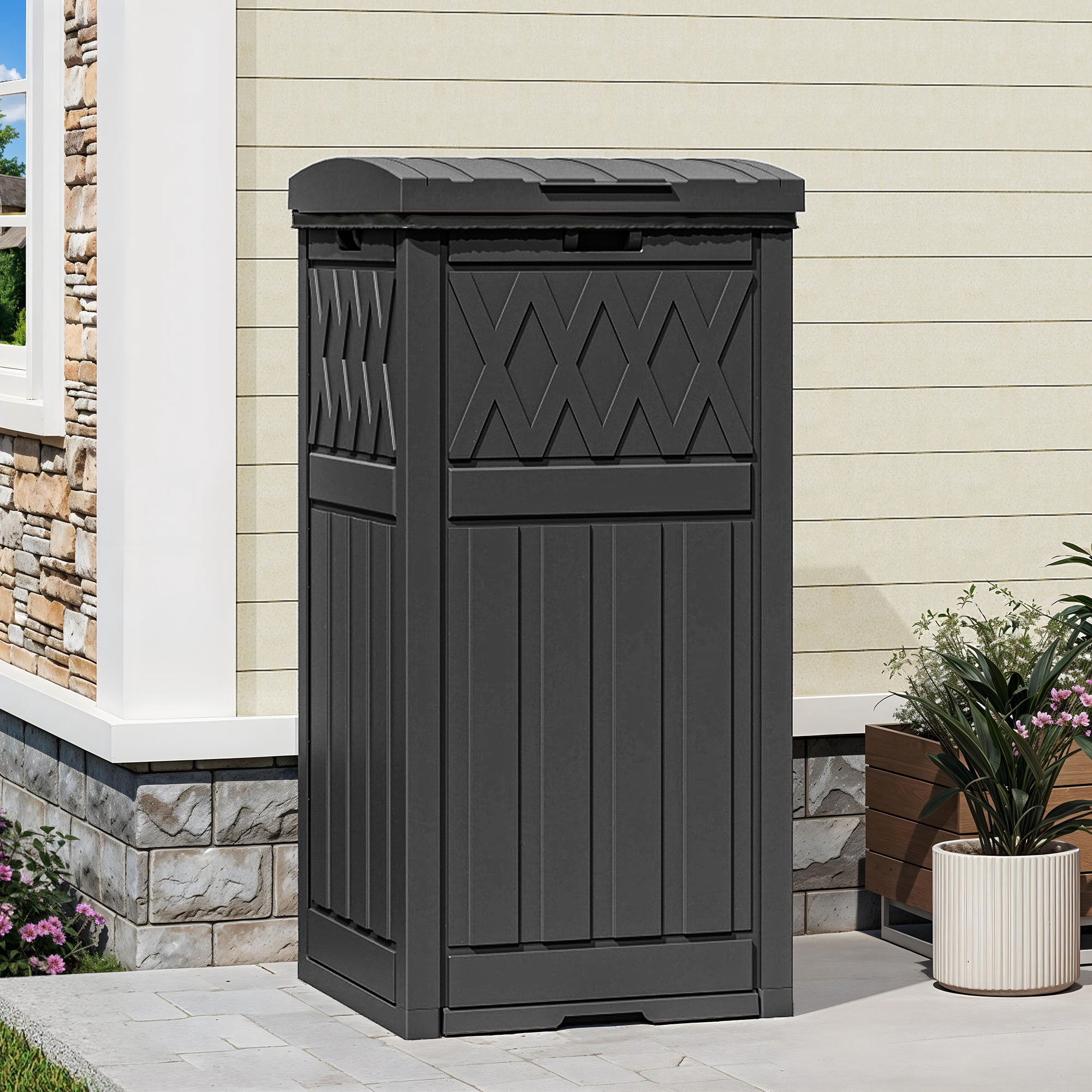 Uforic 32 Gallon Large Outdoor Trash Bin, Waterproof Garbage Can with Lid and Drip Tray for Porch, Backyard, Patio, Black