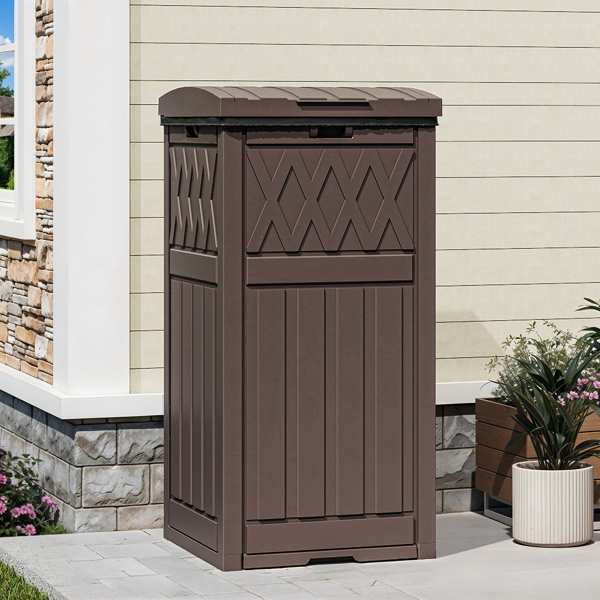 Uforic 32 Gallon Outdoor Trash Can, Waterproof Resin Garbage Bin with Lid & Drip Tray for Porch Backyard Patio, Dark Brown