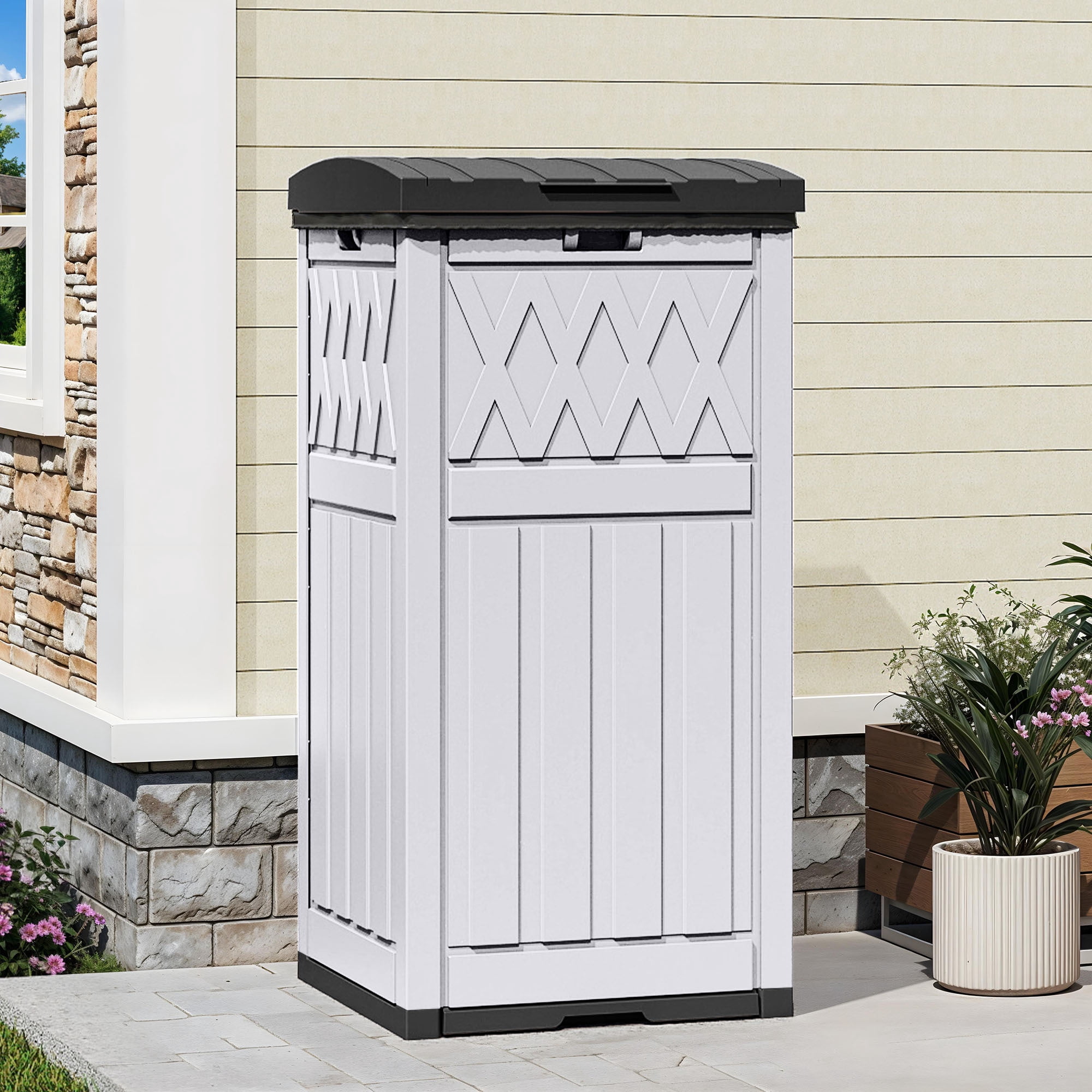 Uforic 32 Gallon Outdoor Trash Can, Waterproof Resin Garbage Bin with Lid & Drip Tray for Porch Backyard Patio, White & Black