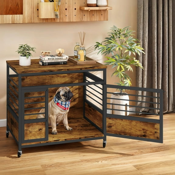 Uforic 32 Inch Dog Crate Furniture with Wheels,Wooden Dog Kennel for Dogs - Rustic Brown