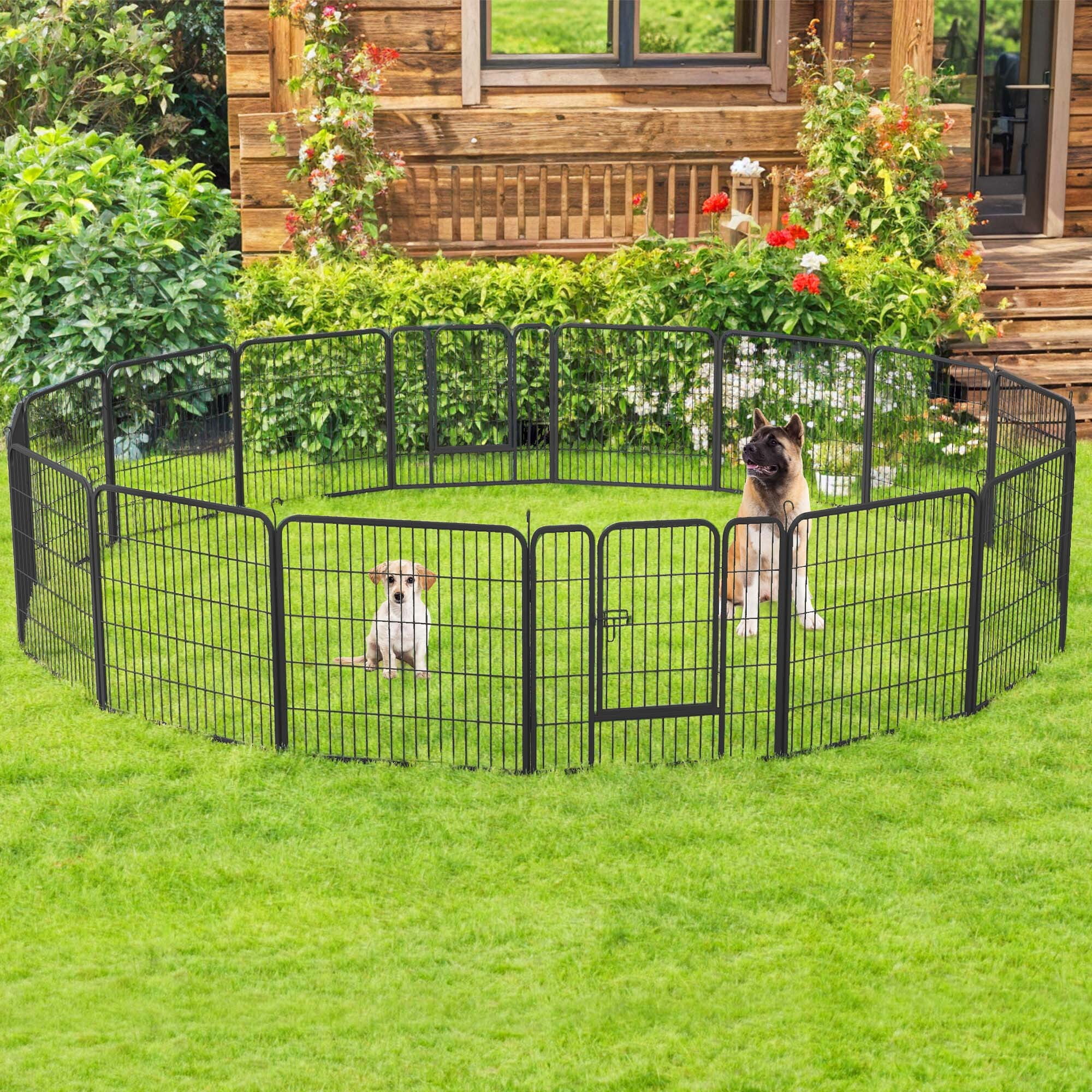 Uforic 32" Tall Metal Garden Fence Panels with Gate & Lock, 16 Pcs Decorative Pet Dog Fence, Animal Barrier for  Patio & Garden, Black