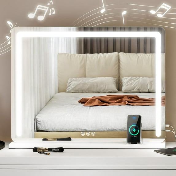 Uforic 32''x24'' Vanity Mirror with LED Lights & USB, Vanity Makeup Mirror with Bluetooth Tabletop Wall Mount, Led Mirror Makeup with 3-Color Lighting, White