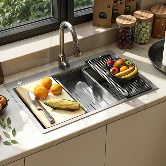 Uforic 33" Drop In Kitchen Sink with Pull-Down Faucet, 304 Stainless Steel Single Bowl Workstation