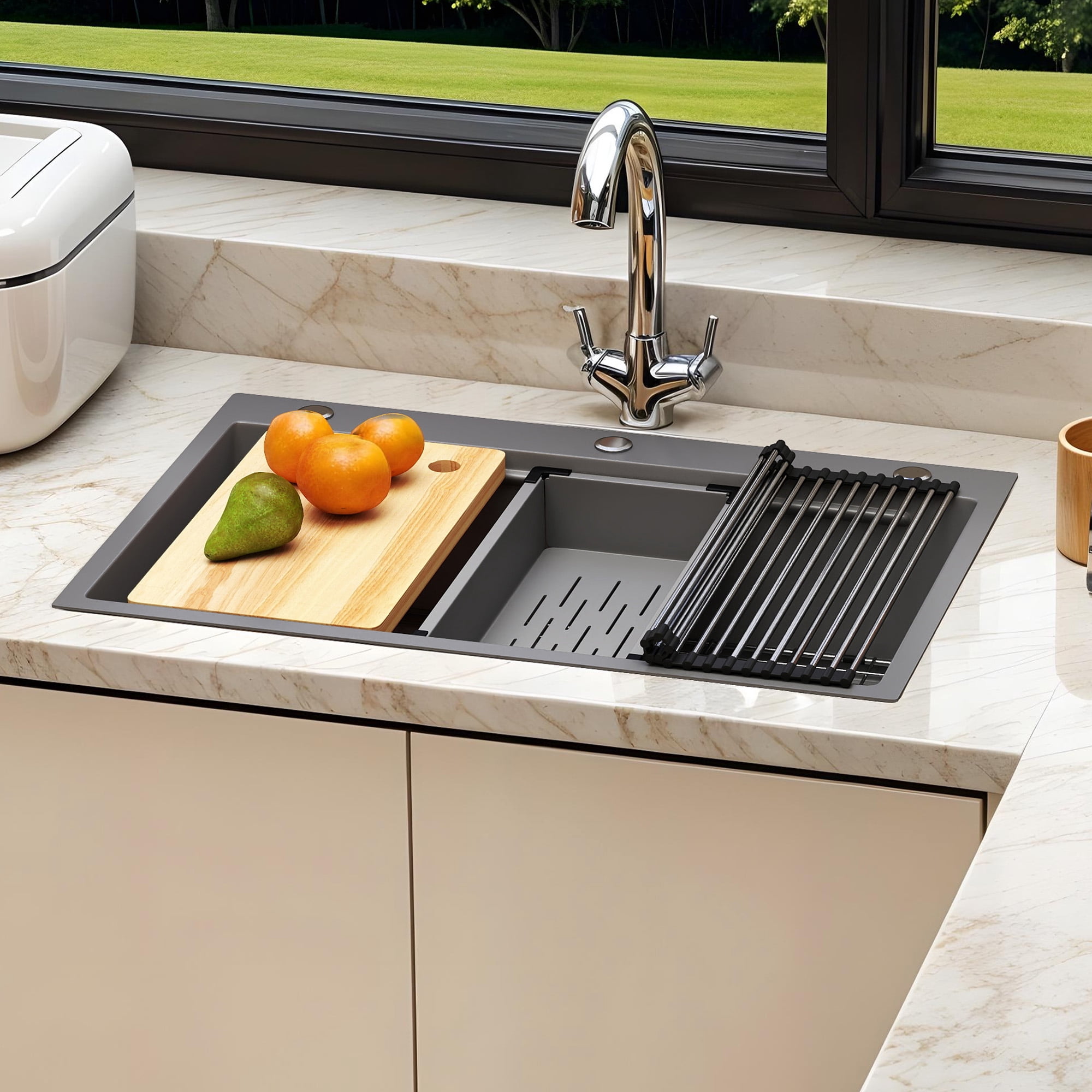 Uforic 33" Drop In Kitchen Workstation Sink, 304 Stainless Steel Single Bowl w/ Accessories, Silver