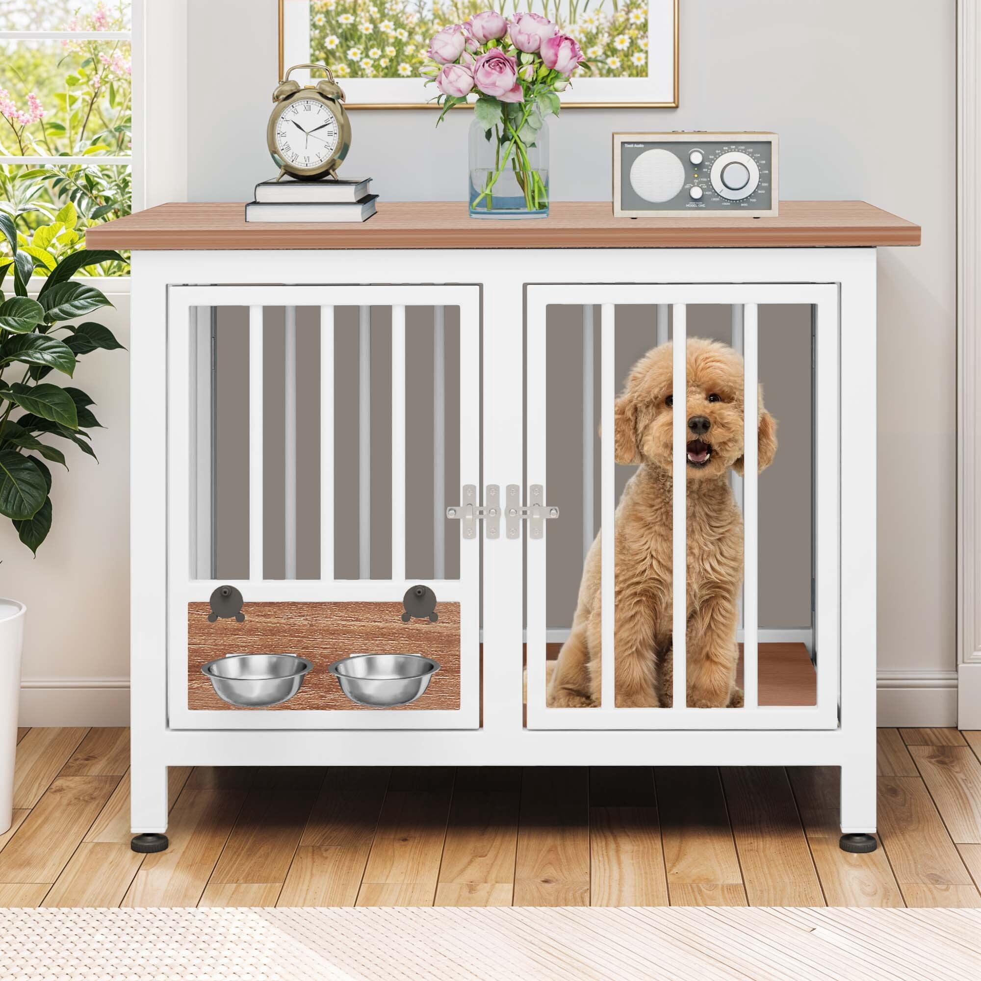 Uforic 33" Foldable Wooden Indoor Dog Cage Table with 360° Rotatable Bowls& Adjustable Feet, White&Brown