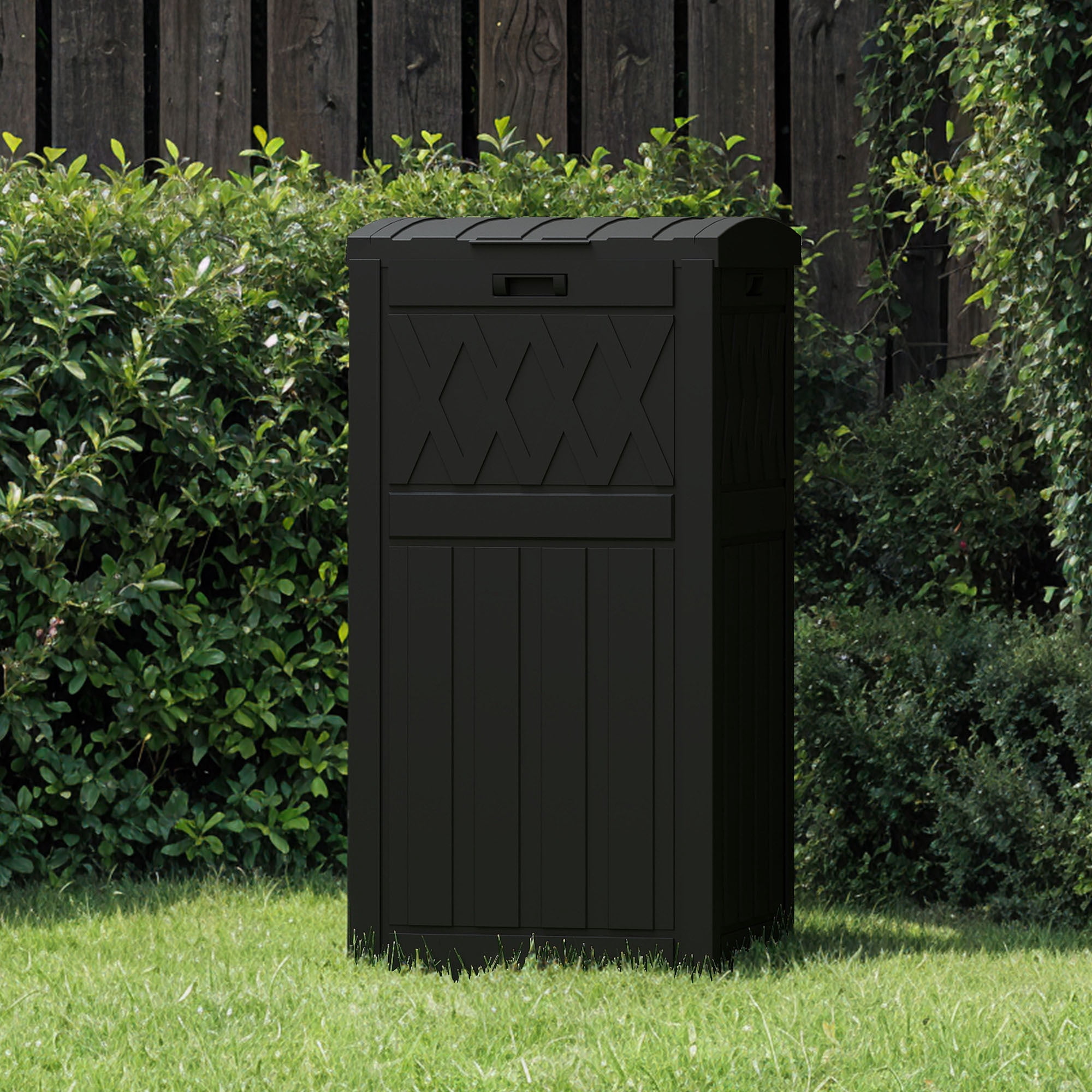 Uforic 33 Gallon Outdoor Trash Can, Layered Lid with Drip Tray, Waterproof Garbage Bin for Patio, Deck, Backyard, Black