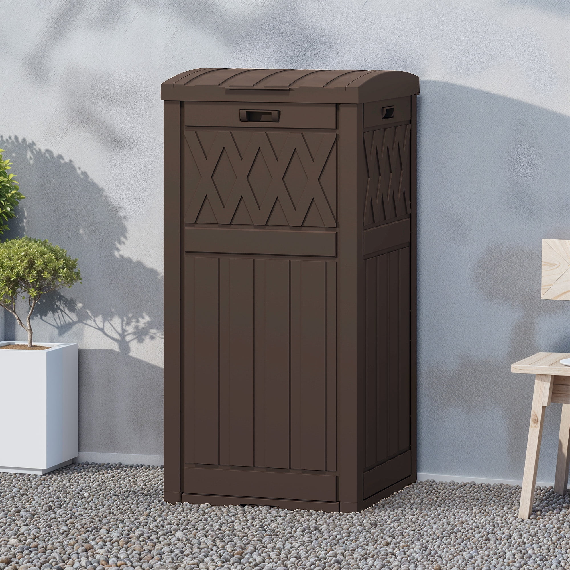 Uforic 33 Gallon Outdoor Trash Can, Layered Lid with Drip Tray, Waterproof Garbage Bin for Patio, Deck, Backyard, Dark Brown