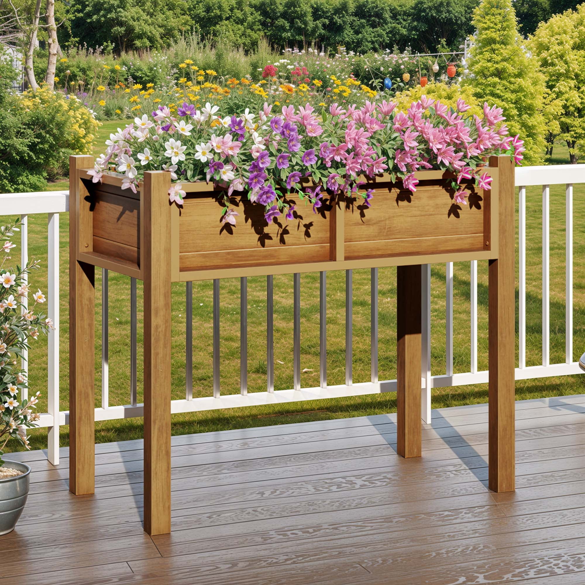 Uforic 34"W HIPS Elevated Planter Box, Weatherproof Raised Garden Bed with Drainage, Natural