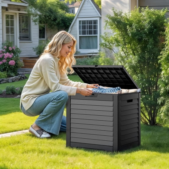 Uforic 35 Gallon Resin Outdoor Storage Box, Waterproof Lockable Deck Box & Package Delivery Box for Patio, Garden & Pool Storage, Black