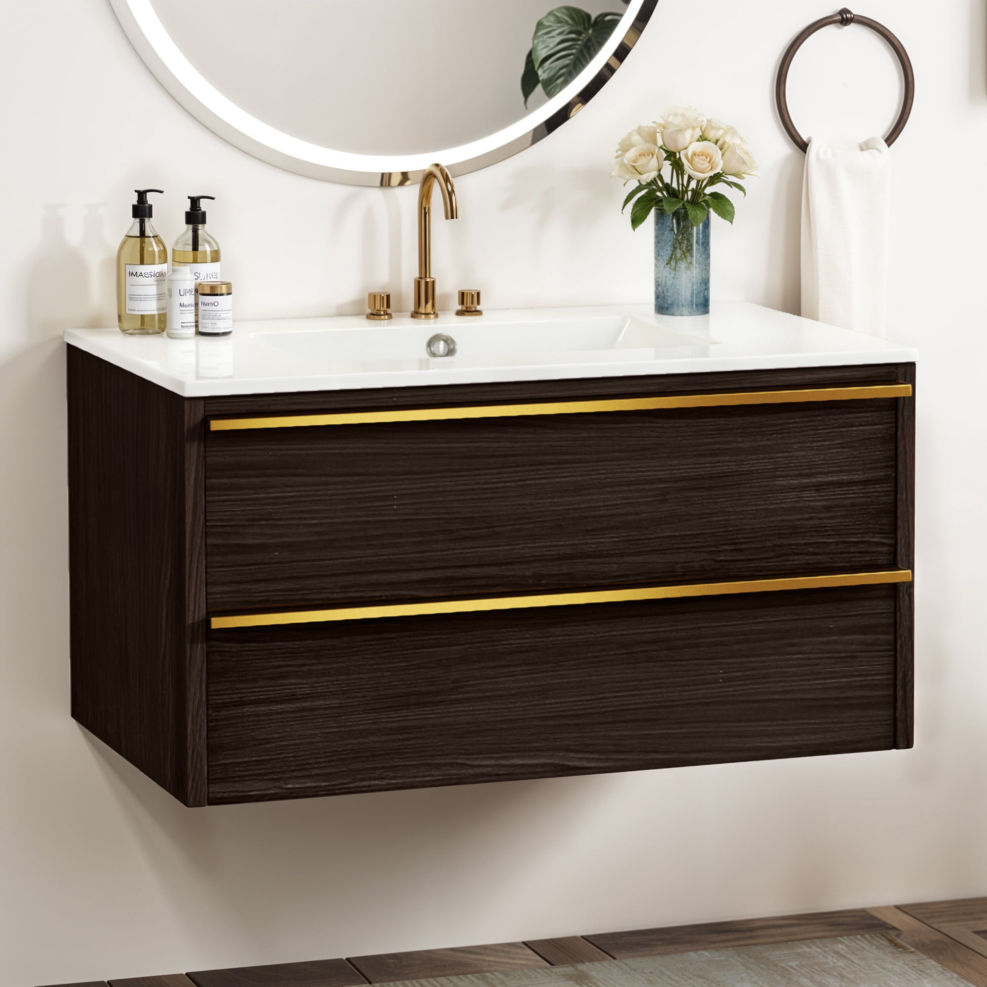 Uforic 36" Bathroom Vanity Floating Wall Mounted Single 2 Drawers, Ceramic Vanity Tabletop, Bathroom Cabinet with Storage Cabinet for Washroom, Black and White