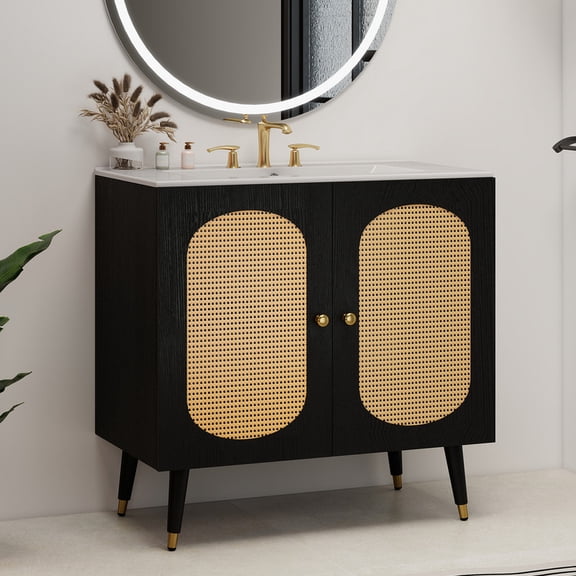 Uforic 36" Bathroom Vanity with Sink, Freestanding Wooden Cabinet Vanity with Soft-Closing Door, Black