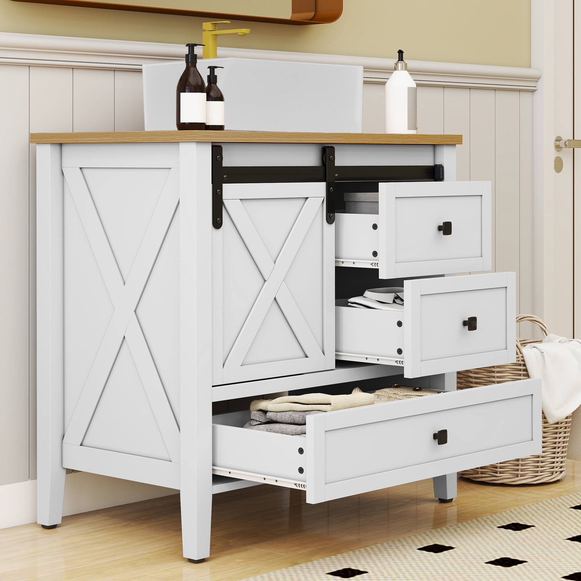 Uforic 36 Inch Bathroom Vanity with Ceramic Sink Basin, Farmhouse Style, Sliding Barn Door Cabinet & 3 Drawers, Freestanding Storage Vanity for Bathroom/Apartment, White