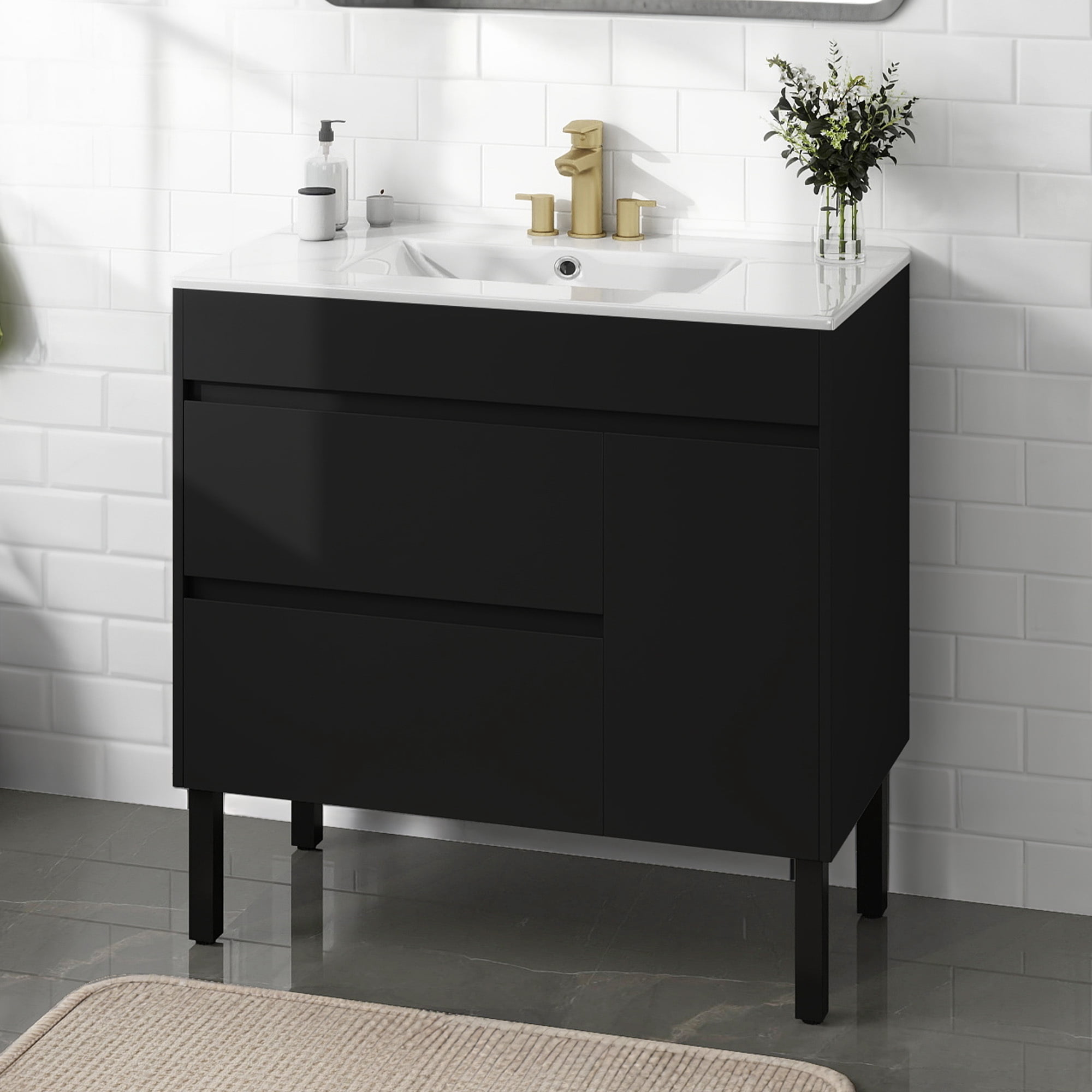 Uforic 36 Inch Bathroom Vanity with Sink, Freestanding Storage Bathroom Vanity for Media Space, with 1 Soft Closing Cabinet & 2 Drawers, Black, Mid-Century Modern