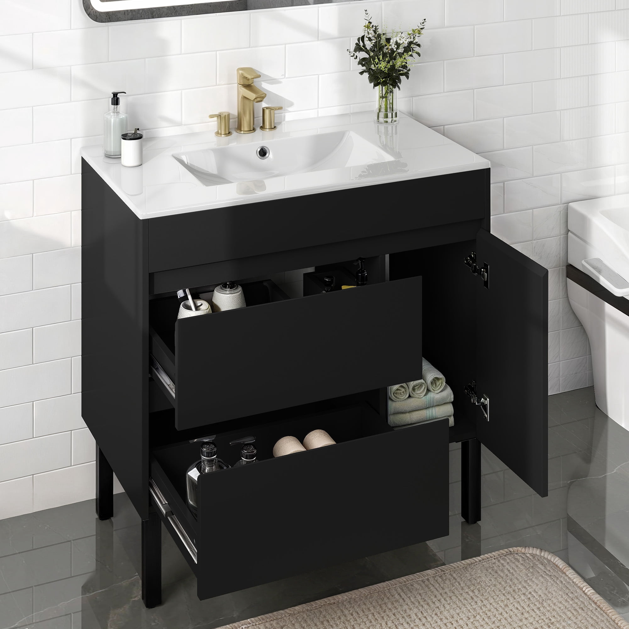 Uforic 36 Inch Bathroom Vanity with Sink, Freestanding Storage Bathroom Vanity for Media Space, with 1 Soft Closing Cabinet & 2 Drawers, Black, Mid-Century Modern