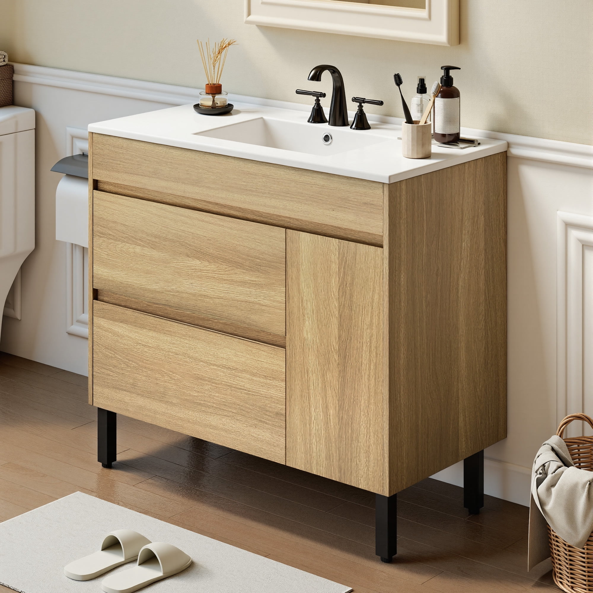 Uforic 36 Inch Bathroom Vanity with Sink, Freestanding Storage Bathroom Vanity for Media Space, with 1 Soft Closing Cabinet & 2 Drawers, Natural Brown, Mid-Century Modern