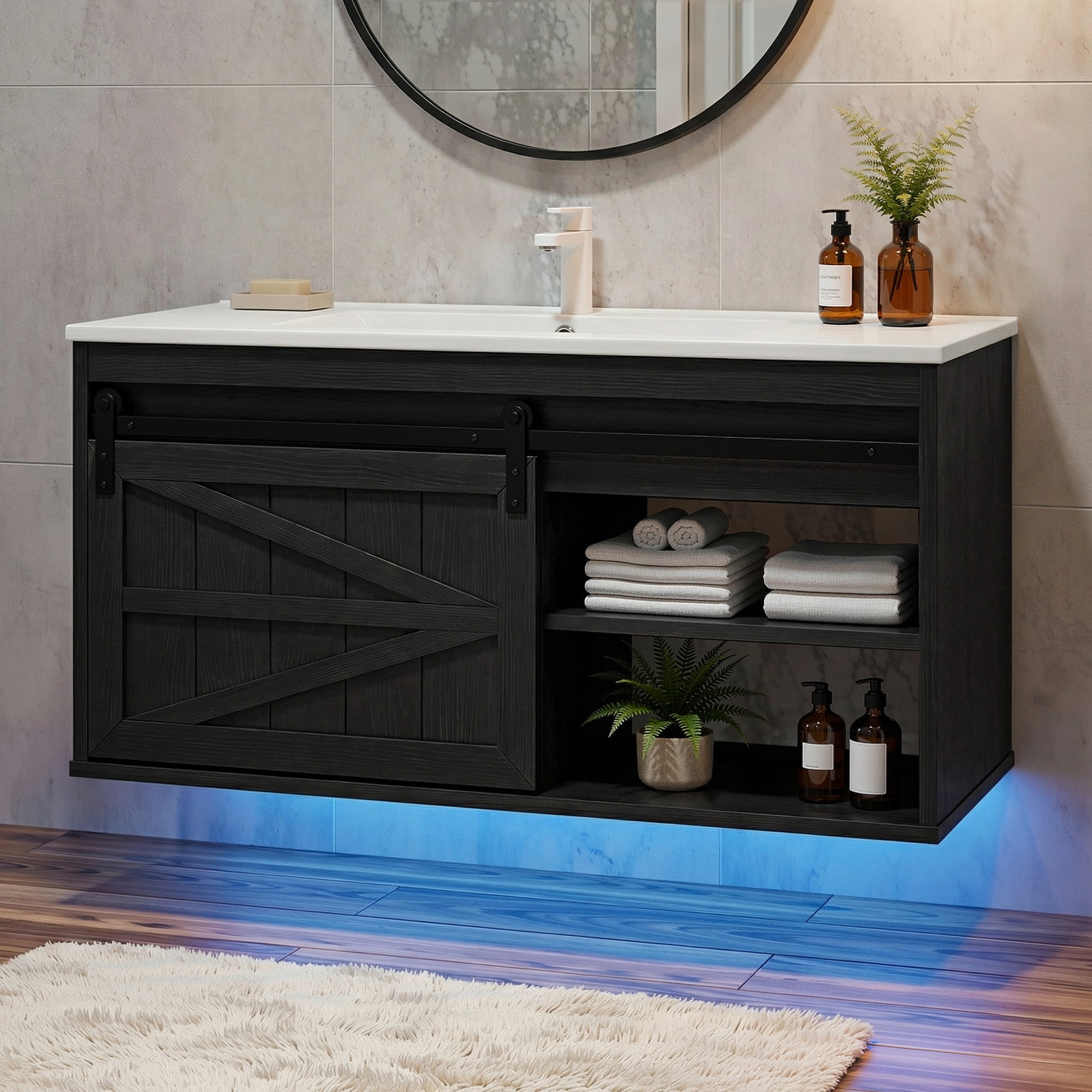 Uforic 36 Inch Farmhouse Floating Bathroom Vanity with Ceramic Sink, 7-Color LED Ambient Light for Bathroom Decor, Black