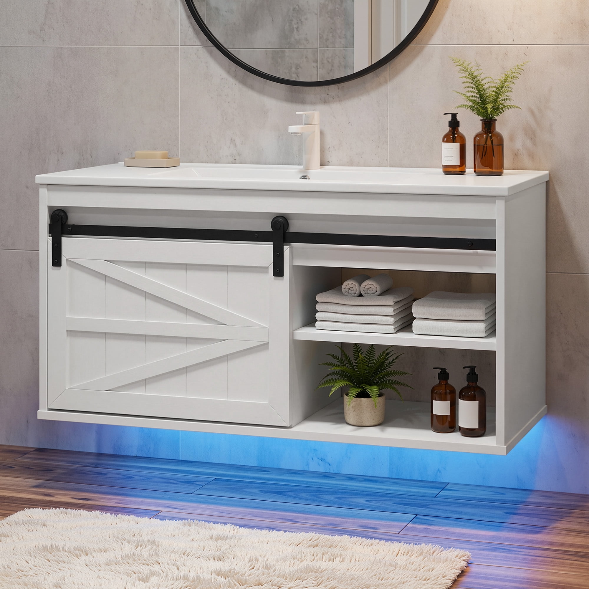 Uforic 36 Inch Farmhouse Floating Bathroom Vanity with Ceramic Sink, 7-Color LED Ambient Light for Bathroom Decor, White