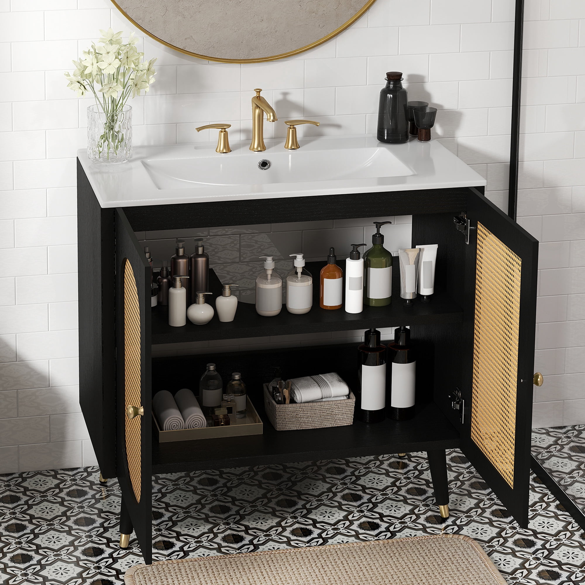 Uforic 36 Inch Mid-Century Rattan Bathroom Vanity, Freestanding Wooden Vanity Cabinet with Ceramic Sink for Home Bathroom, Black
