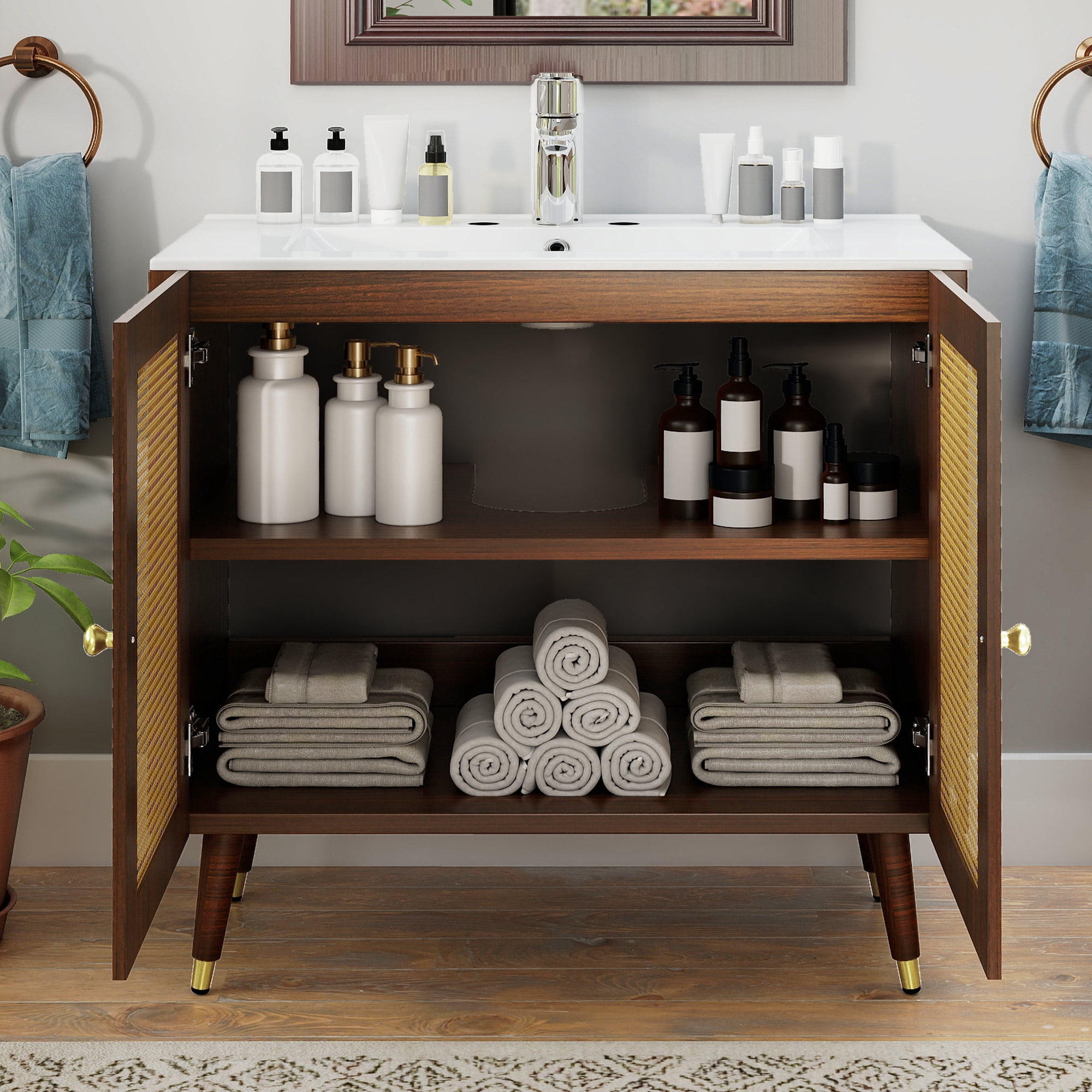 Uforic 36 Inch Mid-Century Rattan Bathroom Vanity, Freestanding Wooden Vanity Cabinet with Ceramic Sink for Home Bathroom, Brown