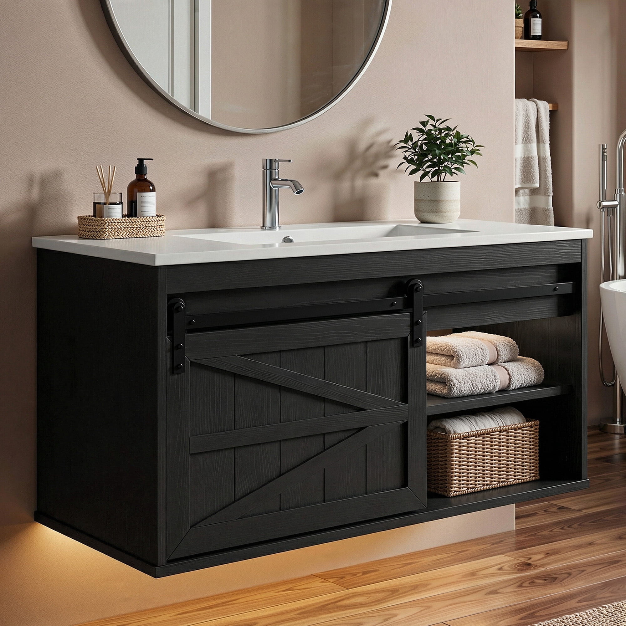 Uforic 36" LED Bathroom Vanity with Sink, Farmhouse Sliding Barn Door Bathroom Cabinet, Wall Mounted Floating Vanity with Storage, Black