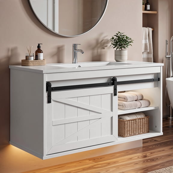 Uforic 36" LED Bathroom Vanity with Sink, Farmhouse Sliding Barn Door Bathroom Cabinet, Wall Mounted Floating Vanity with Storage, White