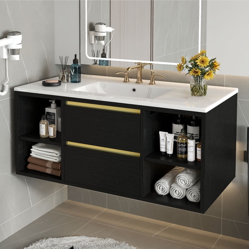 Uforic 36" Wall Mounted Bathroom Vanity with Undermount Ceramic, Floating Bathroom with Open Shelf & 2 Drawers, Black