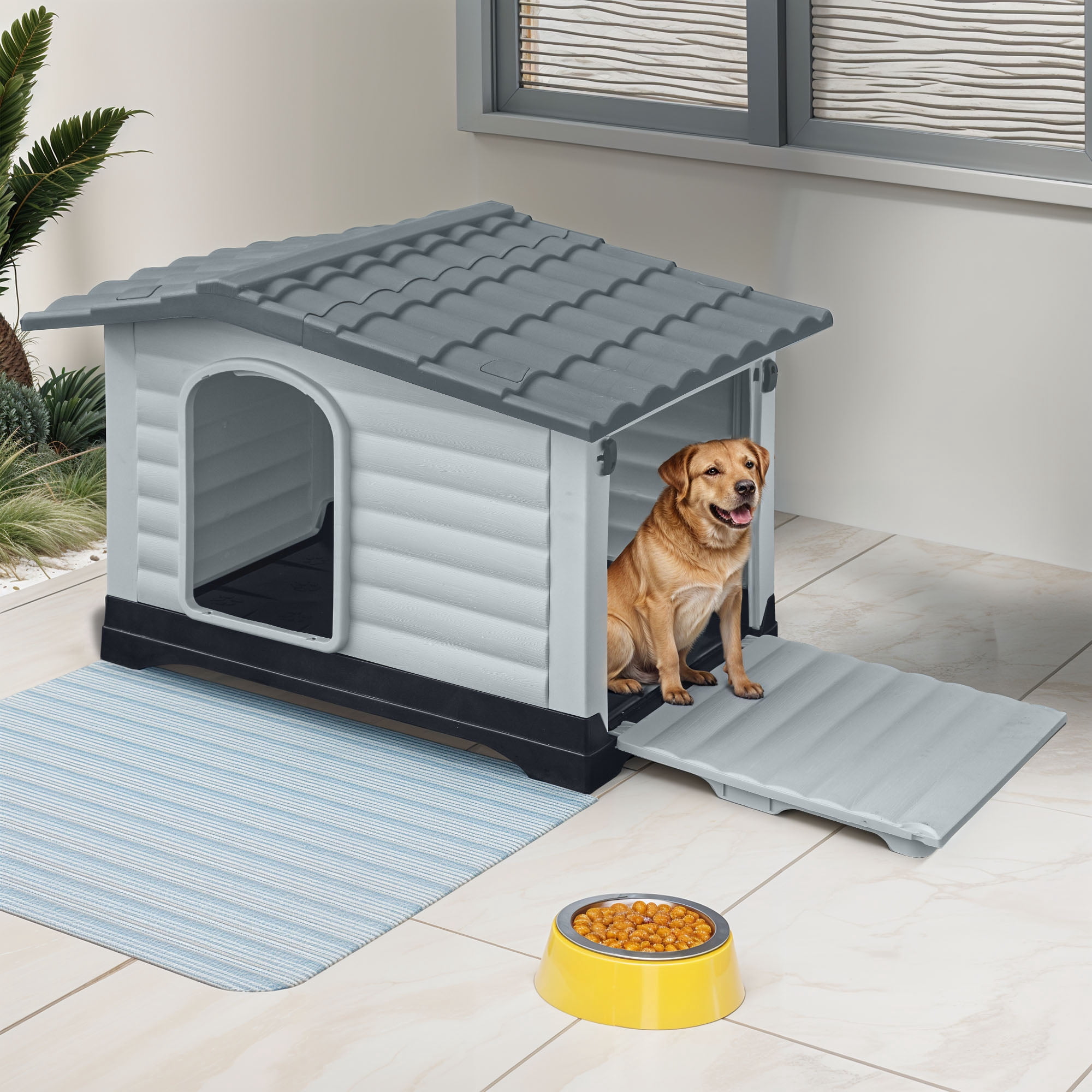 Uforic 36" Waterproof Plastic Dog House with Porch & Cushion, Outdoor Indoor Double Door Doghouse,Gray,36''Lx 27.1''Wx 26"H