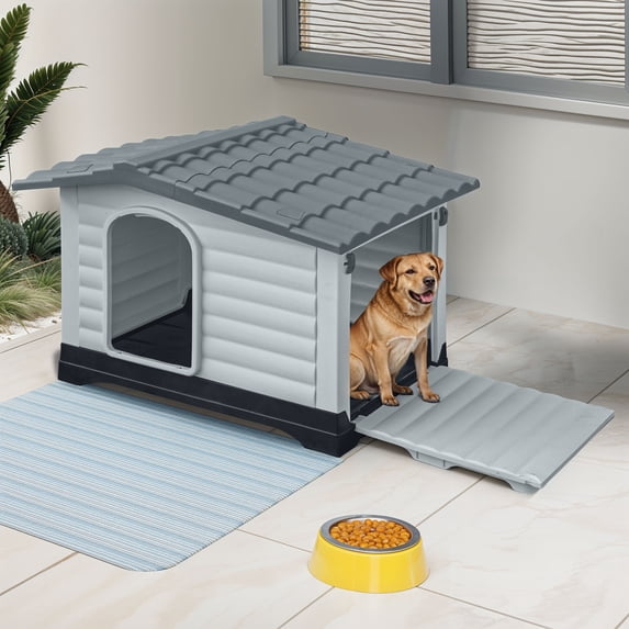 Uforic 36" Waterproof Plastic Dog House with Porch & Cushion, Outdoor Indoor Double Door Doghouse,Gray,36''Lx 27.1''Wx 26"H
