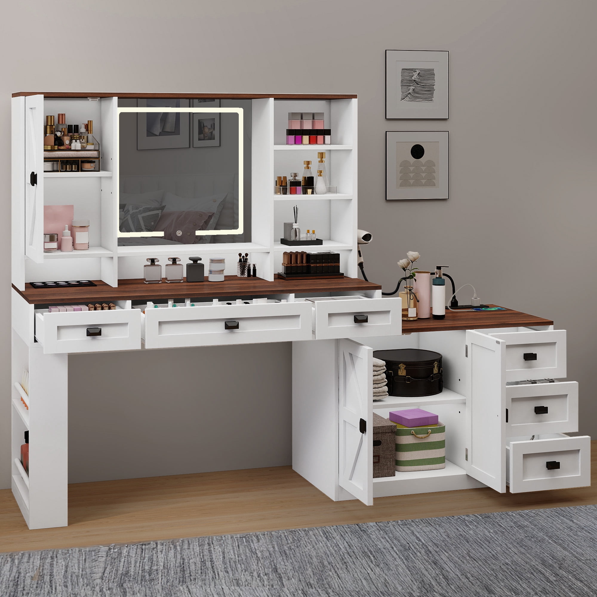 Uforic 360° Rotation Large White Makeup Vanity Desk with LED Mirror, Farmhouse Dressing Table with 6 Drawers Storage - Bedroom Furniture
