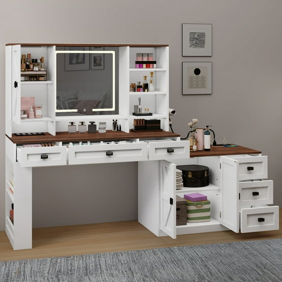 Uforic 360° Rotation Large White Makeup Vanity Desk with LED Mirror, Farmhouse Dressing Table with 6 Drawers Storage - Bedroom Furniture