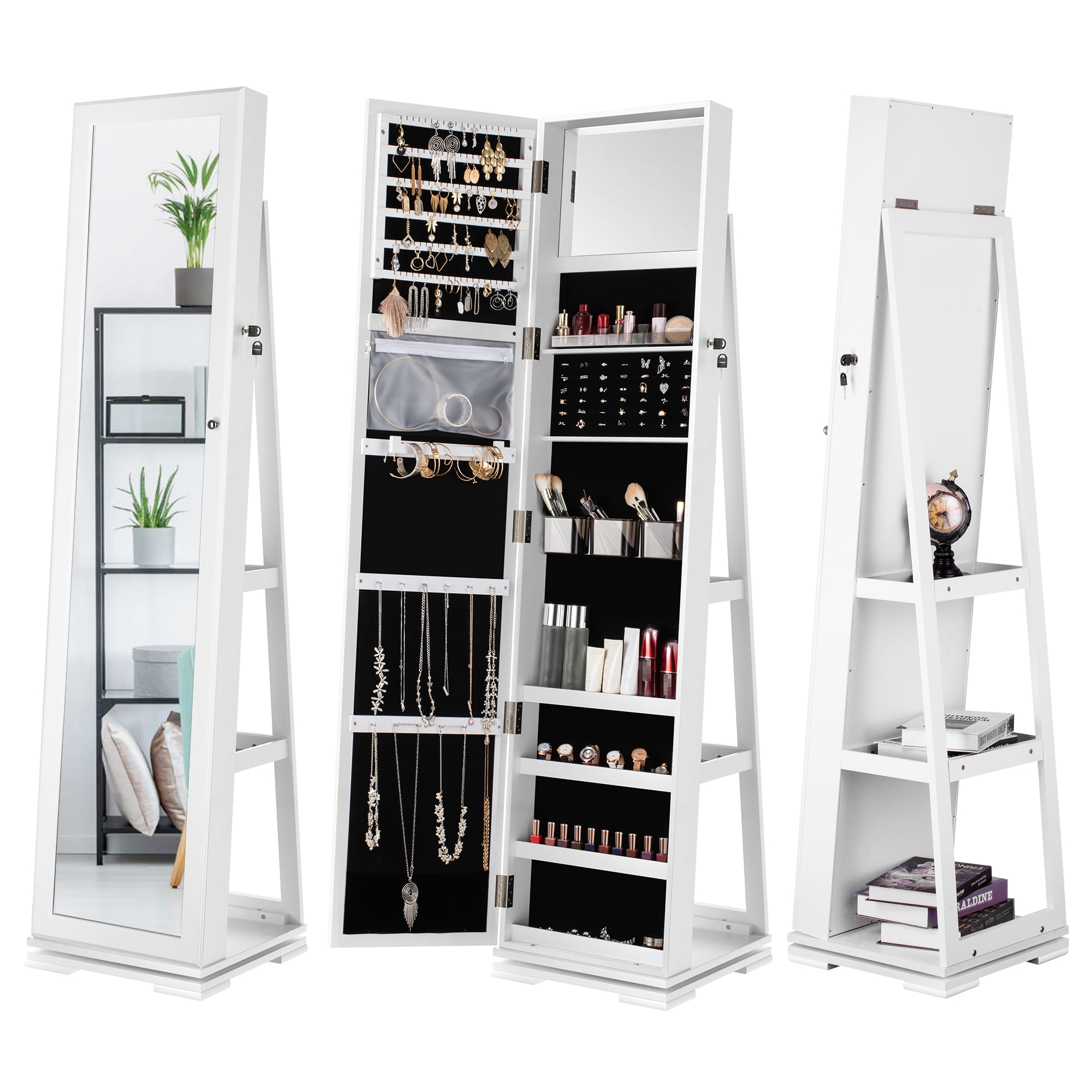 Uforic 360 Spinning Lockable Jewelry Armoire with Free-Standing Mirror, White